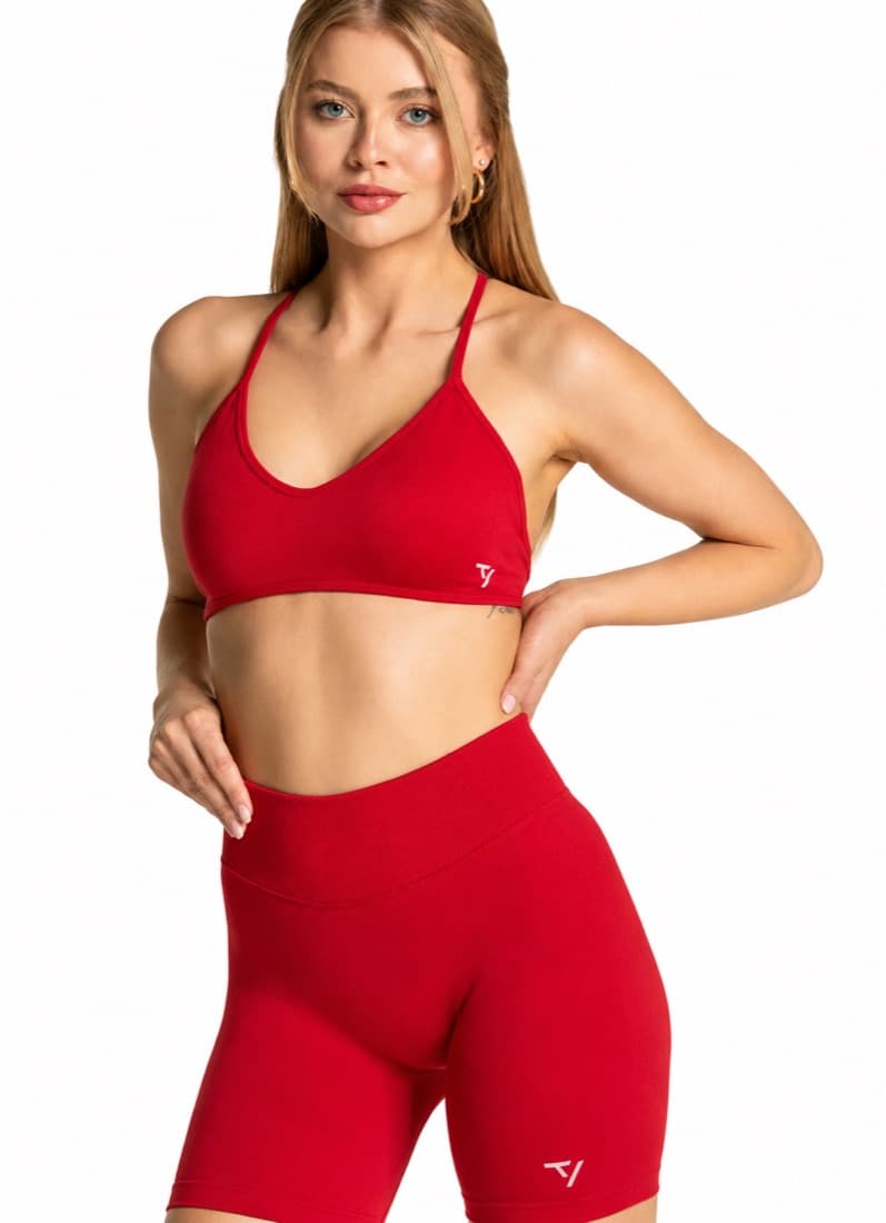 Matching red sports bra